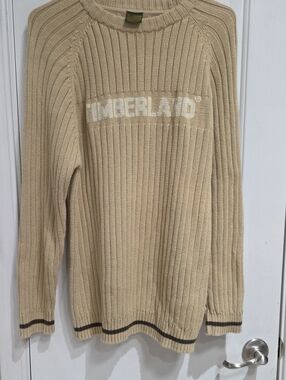 Timberland Men’s Beige Cable-Knit Logo Sweater Size XL